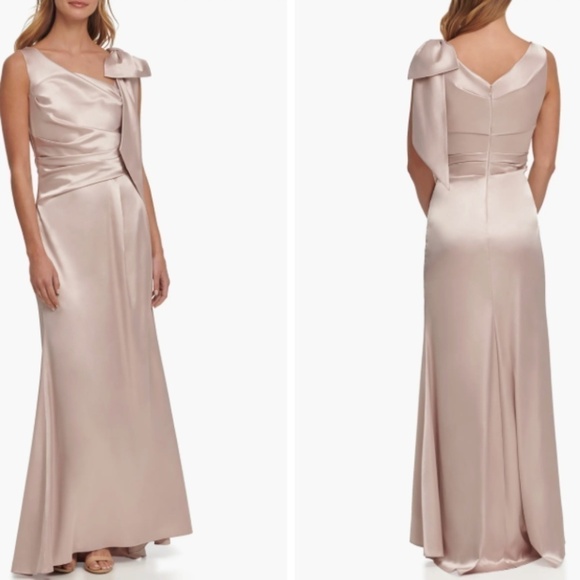 Eliza J Dresses & Skirts - NWT Eliza J Rushed Sleeveless Satin Gown In Champagne Shoulder Bow wedding